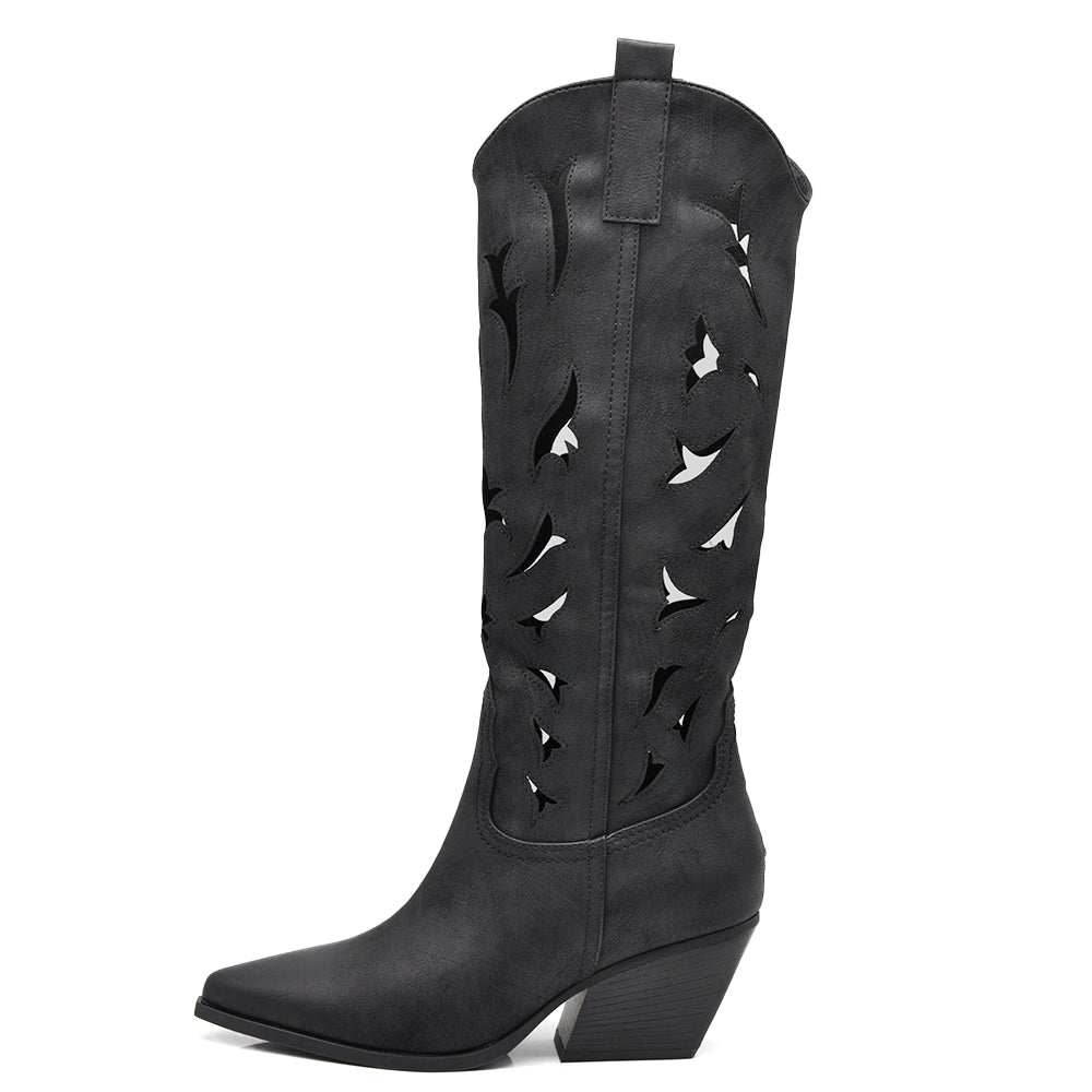 Stivali Alti Primaverili Texani Donna Traforati al Ginocchio – Stivaletti Western con Tacco Medio