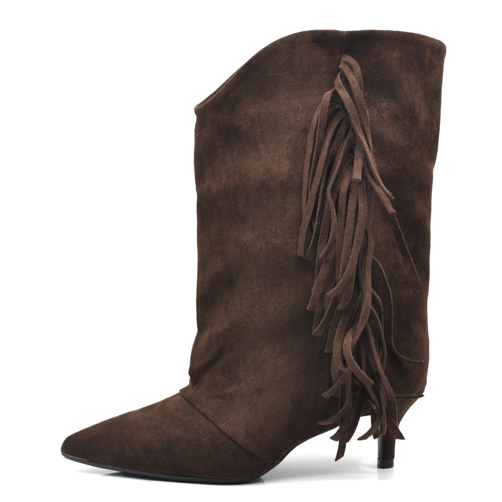 Stivali Donna Western con Frange e Gambale Largo – Stivaletti Texani Casual Tacco Medio GA055 nero marrone beige