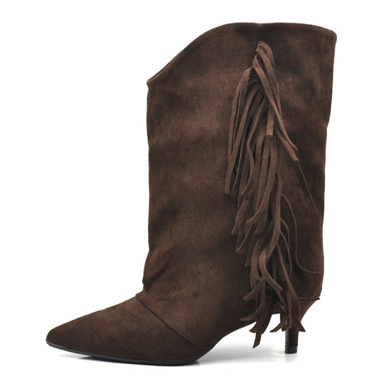 Stivali Donna Western con Frange e Gambale Largo – Stivaletti Texani Casual Tacco Medio GA055 nero marrone beige