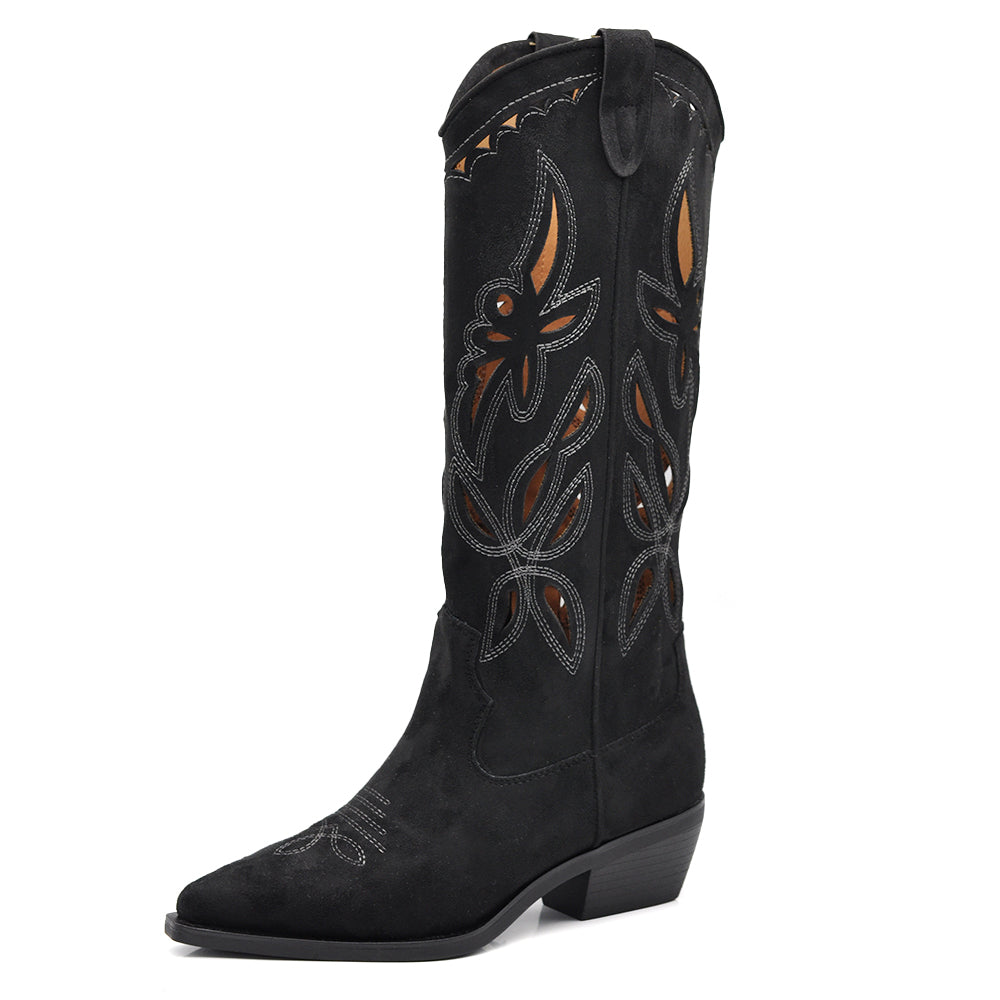 Stivali Alti Primaverili Texani Donna Traforati al Ginocchio – Stivaletti Western con Tacco Basso in gomma