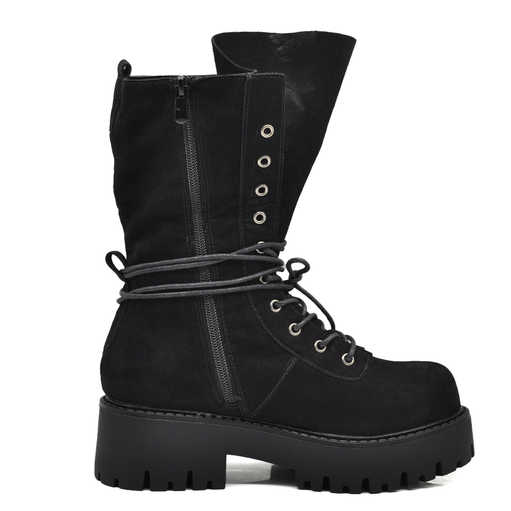 Stivali Anfibi Donna Platform con Lacci, Maxi Linguetta e Tasca Decorativa – Stivaletti Combat Casual con Suola Carrarmato 750