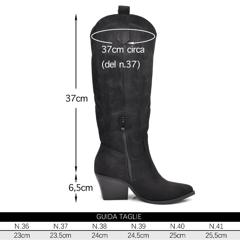 Stivali Alti Texani Donna al Ginocchio con Tacco Largo – Stivali Western Leggeri in Materiale Camoscio Sintetico
