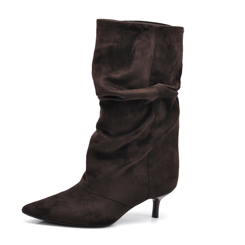 Stivali al polpaccio da donna scamosciato con tacco basso a spillo gattina KITTEN HEELS arricciato elegante e confortevole R707