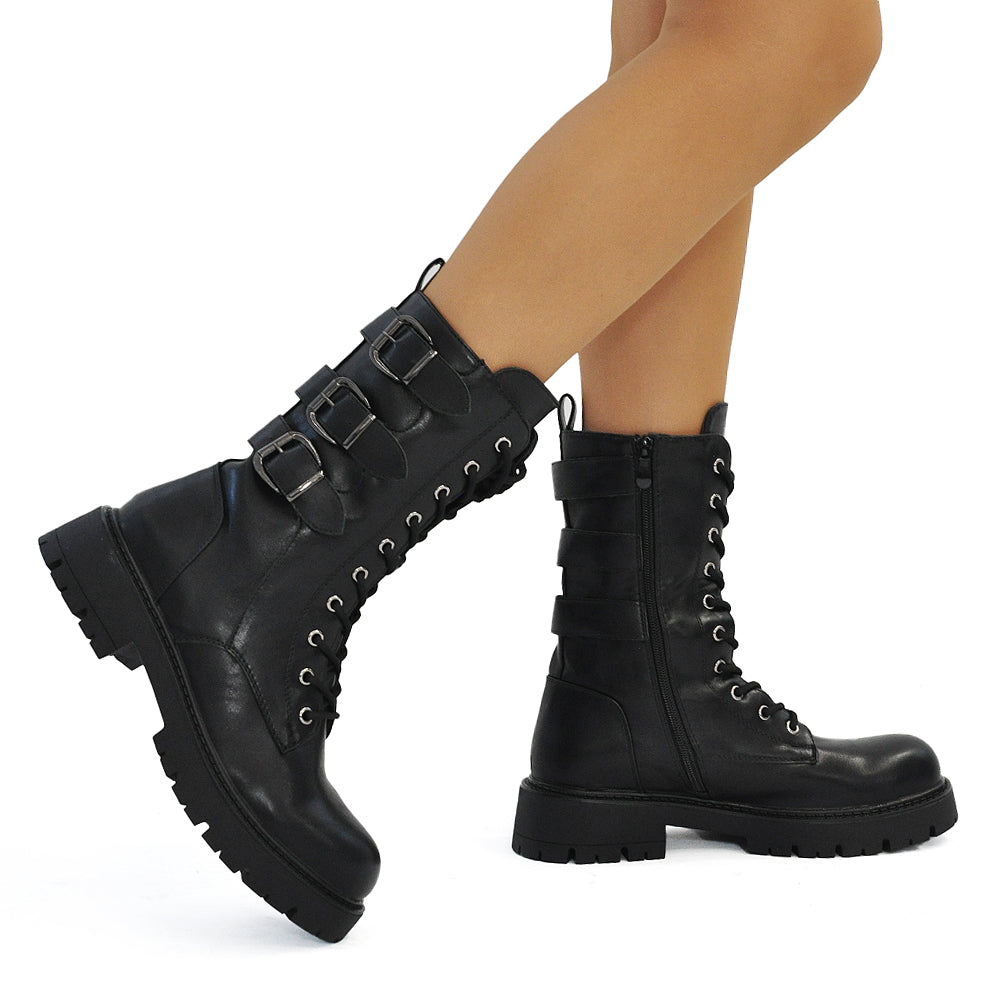 Stivali da donna stile combat con lacci multi fibbie look punk/gotico casual RQY148 nero