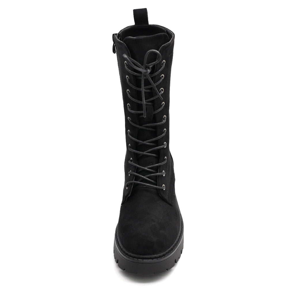 Titolo prodotto: Stivali Anfibi Donna Alti Stringati con Suola Carrarmato e Zip Laterale – Combat Boots Biker