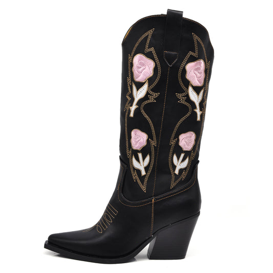 Stivali Texani Donna con Ricamo Floreale Tacco Largo Punta a Mandorla Stivaletti Western MP736-12