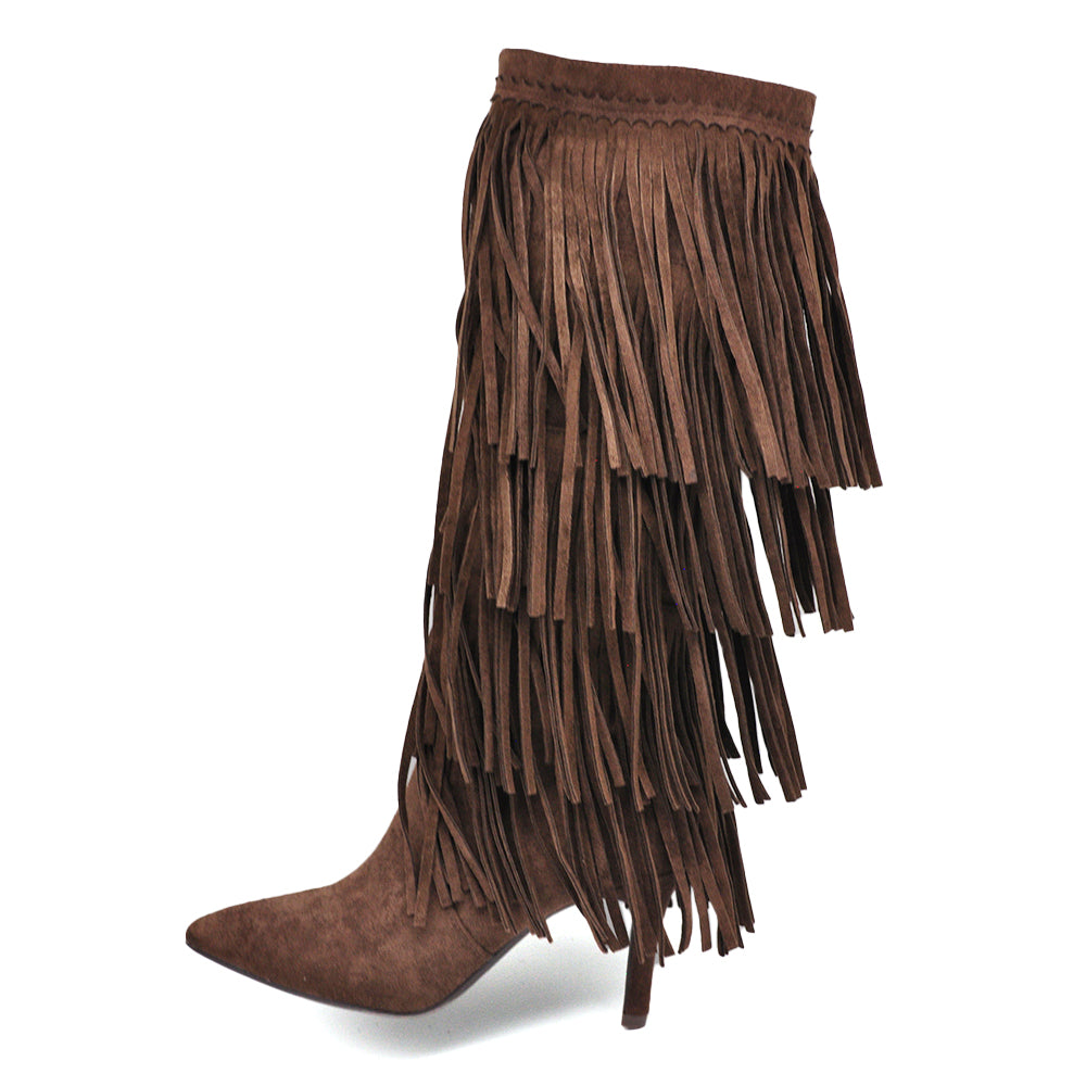 Stivali alti con 3 strati di frange in stile western a punta e tacco a spillo camoscio sintetico GA049
