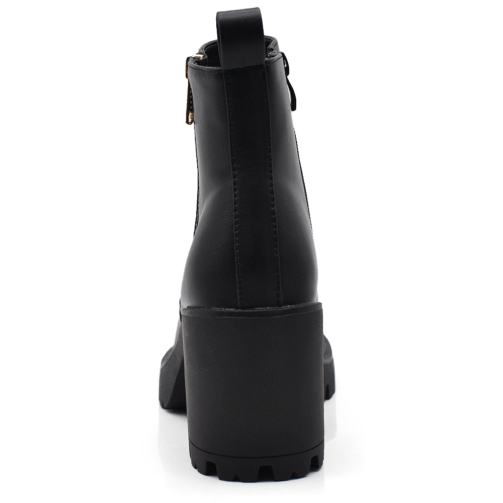 Stivaletti da donna con cerniera decorativa tronchetti tacco medio largo platform carrarmato BT24182 nero
