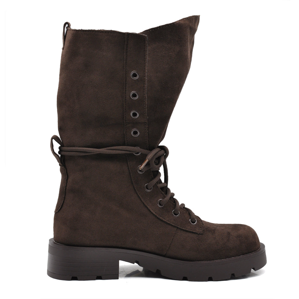 Stivali Donna Anfibi Alti Scamosciati con Lacci, Gambale Morbido e Ampio, Suola Chunky Carrarmato, Stivali Biker Casual 52280