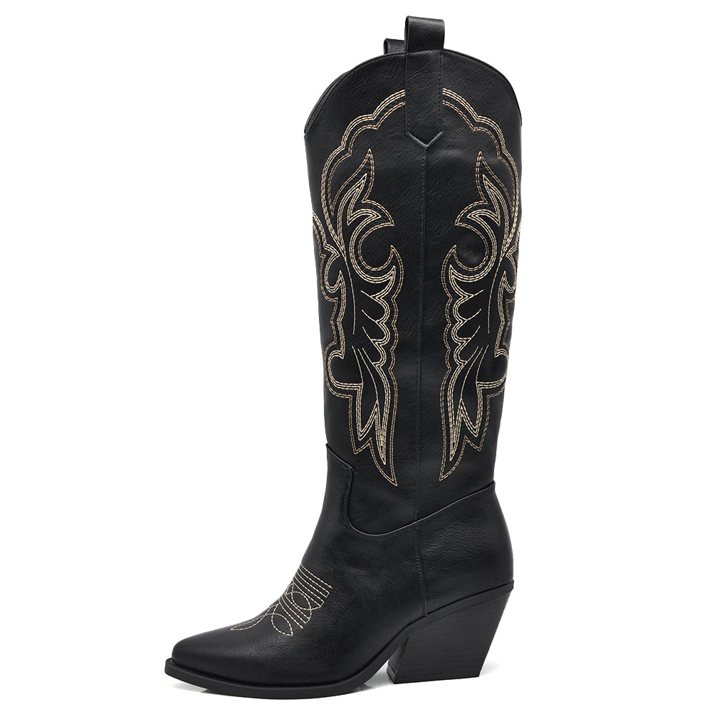 Stivali Texani Donna al Ginocchio Effetto Vintage – Stivali Western Ricamati con Tacco Largo