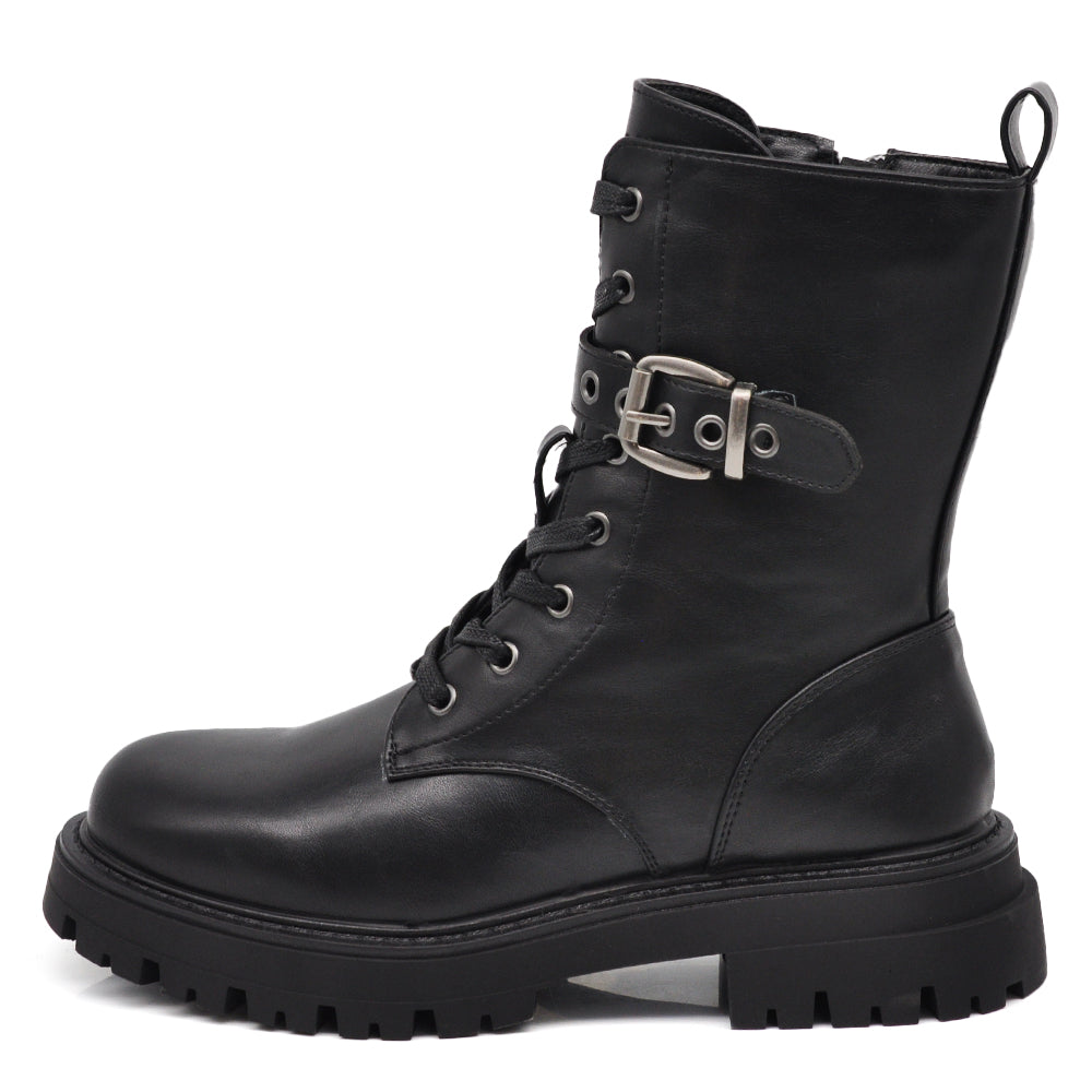 Stivali da donna stile combat boots con lacci fibbia platform look punk/gotico casual MP2747-2 nero