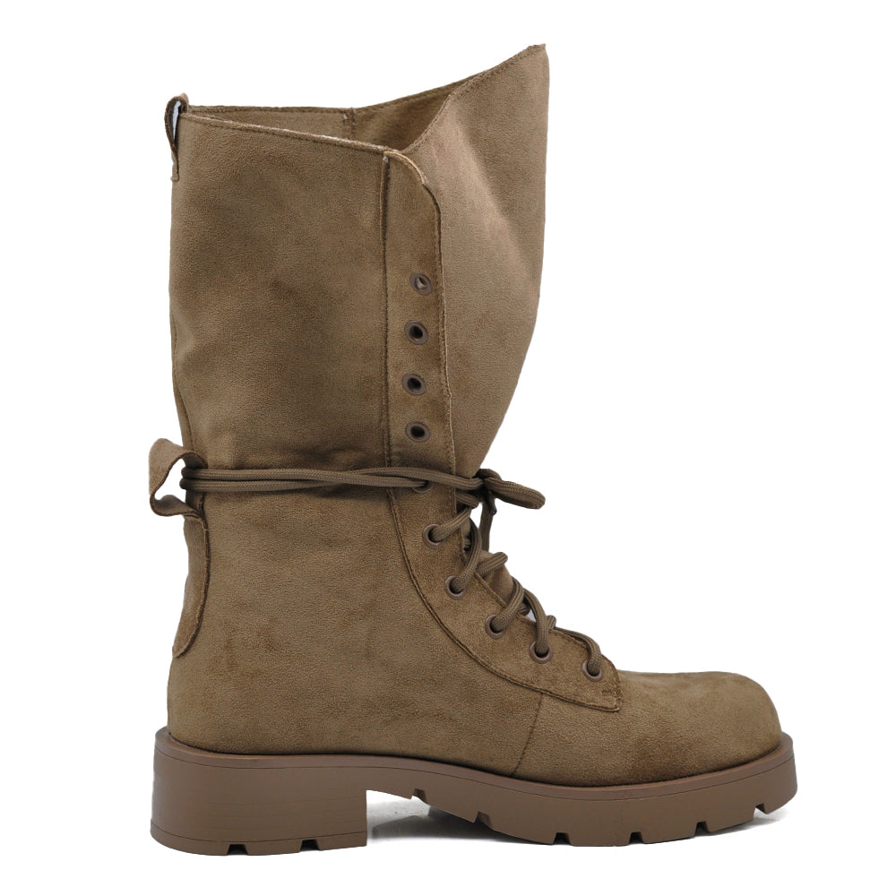 Stivali Donna Anfibi Alti Scamosciati con Lacci, Gambale Morbido e Ampio, Suola Chunky Carrarmato, Stivali Biker Casual 52280