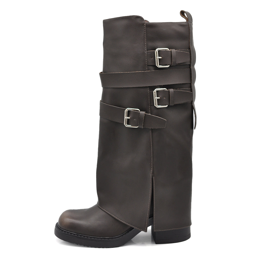 Stivali Biker Donna con Ghette, Fibbie Laterali e Tacco Largo, Modello Comodo dal Look Rock e Casual Chic