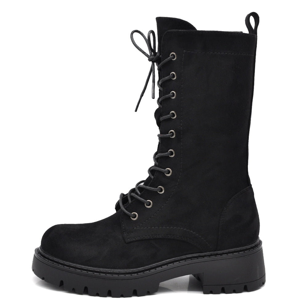 Titolo prodotto: Stivali Anfibi Donna Alti Stringati con Suola Carrarmato e Zip Laterale – Combat Boots Biker