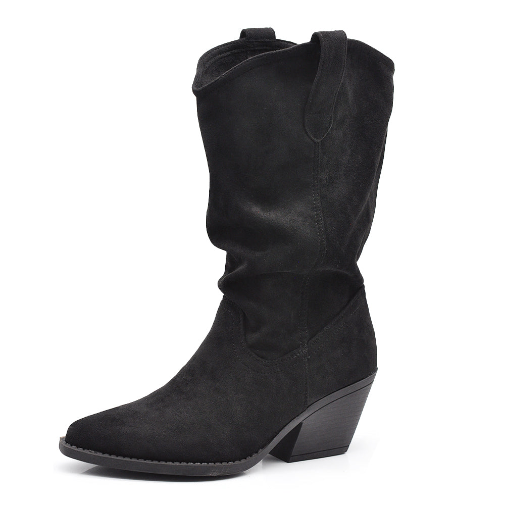 Stivali Texani Donna Camperos Slouchy Morbidi Arricciabili in Effetto Scamosciato con Tacco Largo e Punta Affusolata K0136