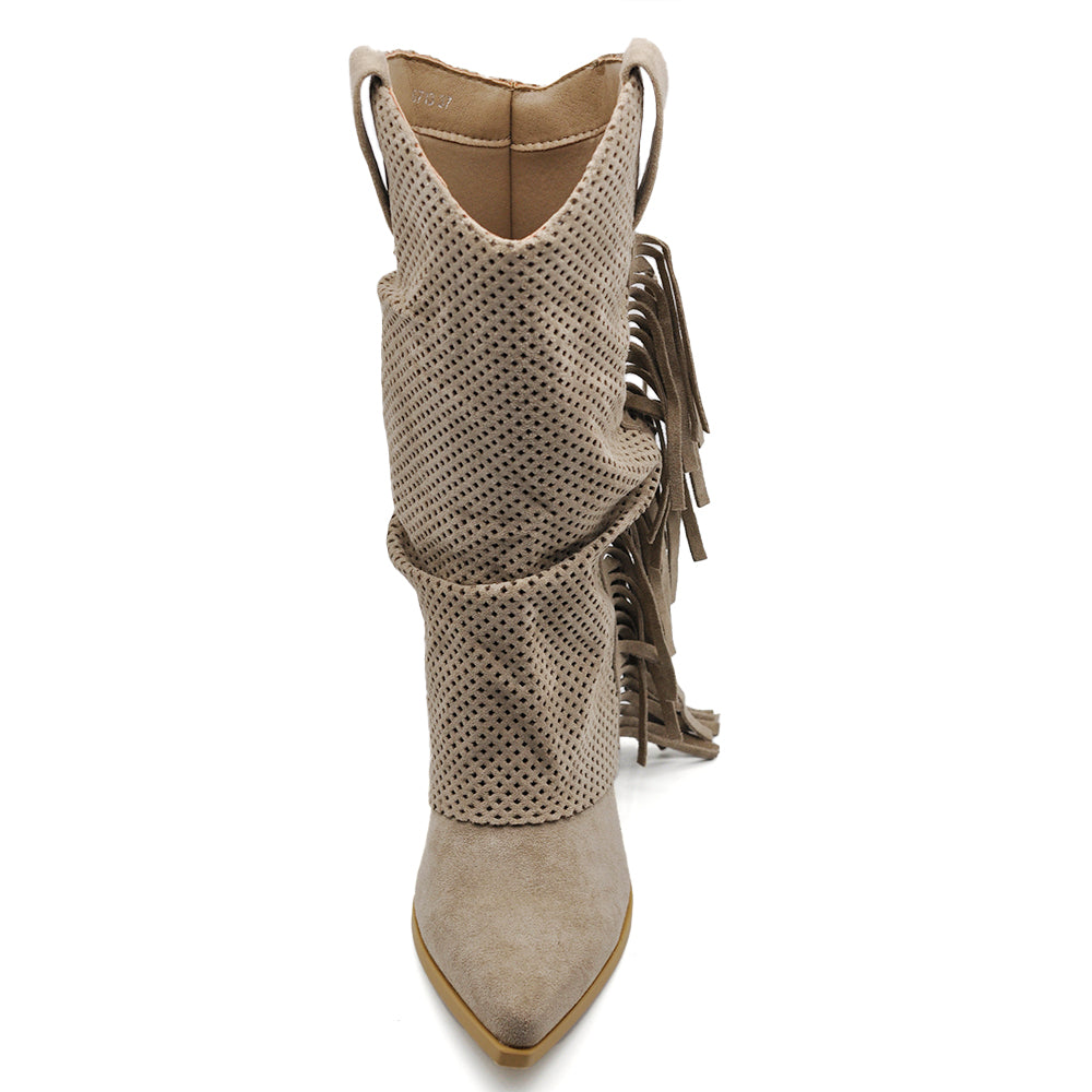 Stivaletti Texani Donna Arricciati con Effetto di Sovrapposizione, Decorazione Esterna Traforata, Frange e Tacco Medio