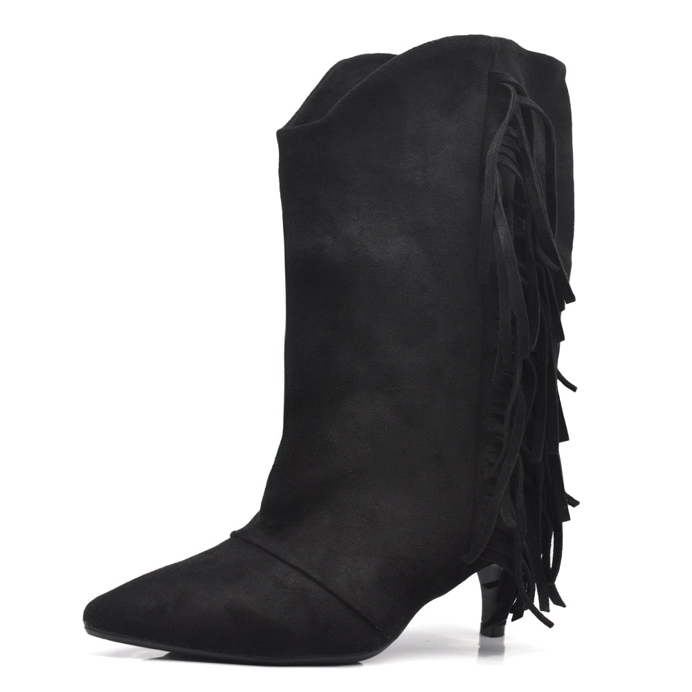 Stivali Donna Western con Frange e Gambale Largo – Stivaletti Texani Casual Tacco Medio GA055 nero marrone beige