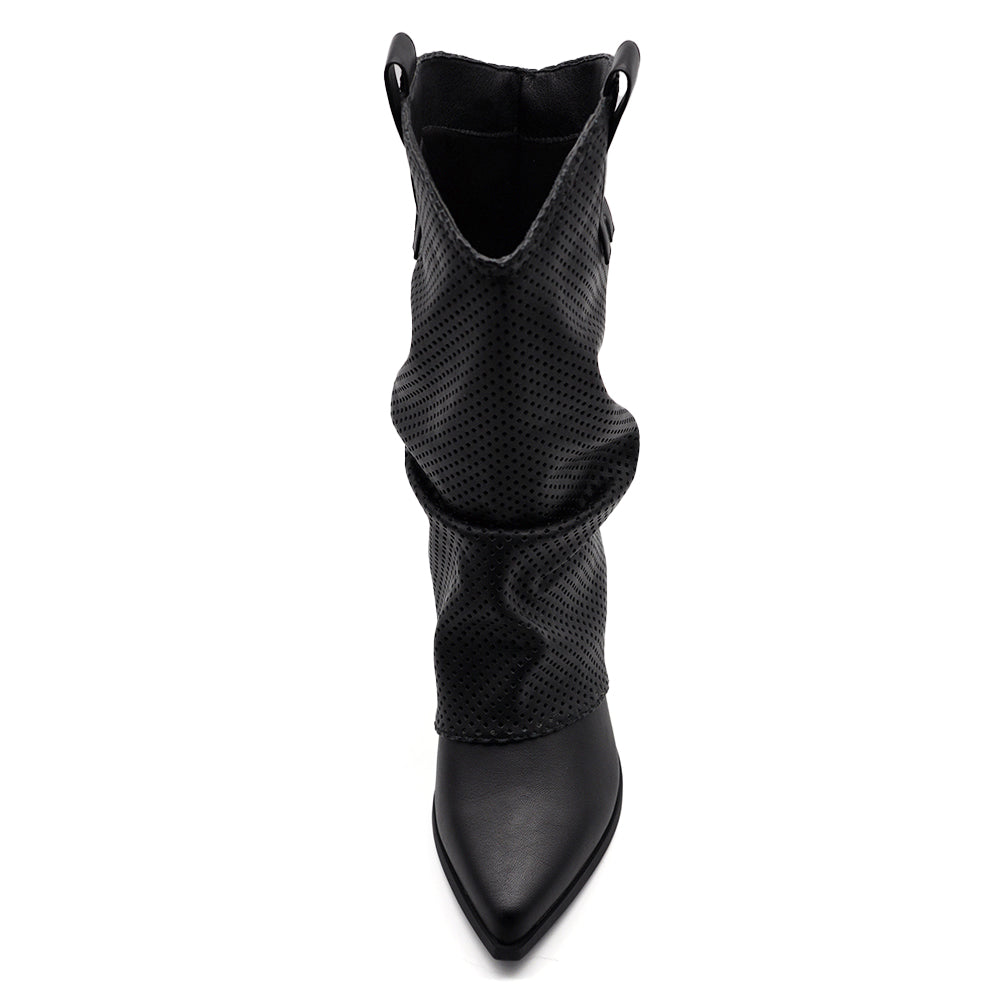 Stivaletti Arricciati Texani Donna con Decorazione Esterna Traforata e Tacco Medio – Stivali Western