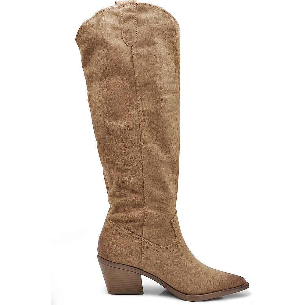 Stivali Alti Camperos Texani A Punta Ginocchio Western Camoscio Da Donna D7760