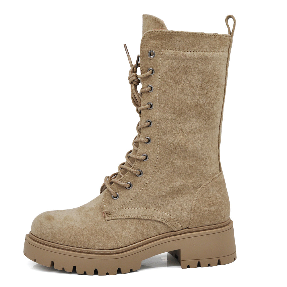 Titolo prodotto: Stivali Anfibi Donna Alti Stringati con Suola Carrarmato e Zip Laterale – Combat Boots Biker