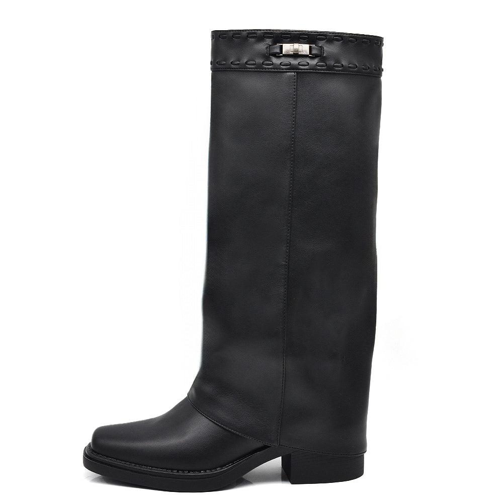 Stivali alti texani da donna con ghetta, punta quadrata e chiusura a girello decorativa sul gambale MP2741-3 nero