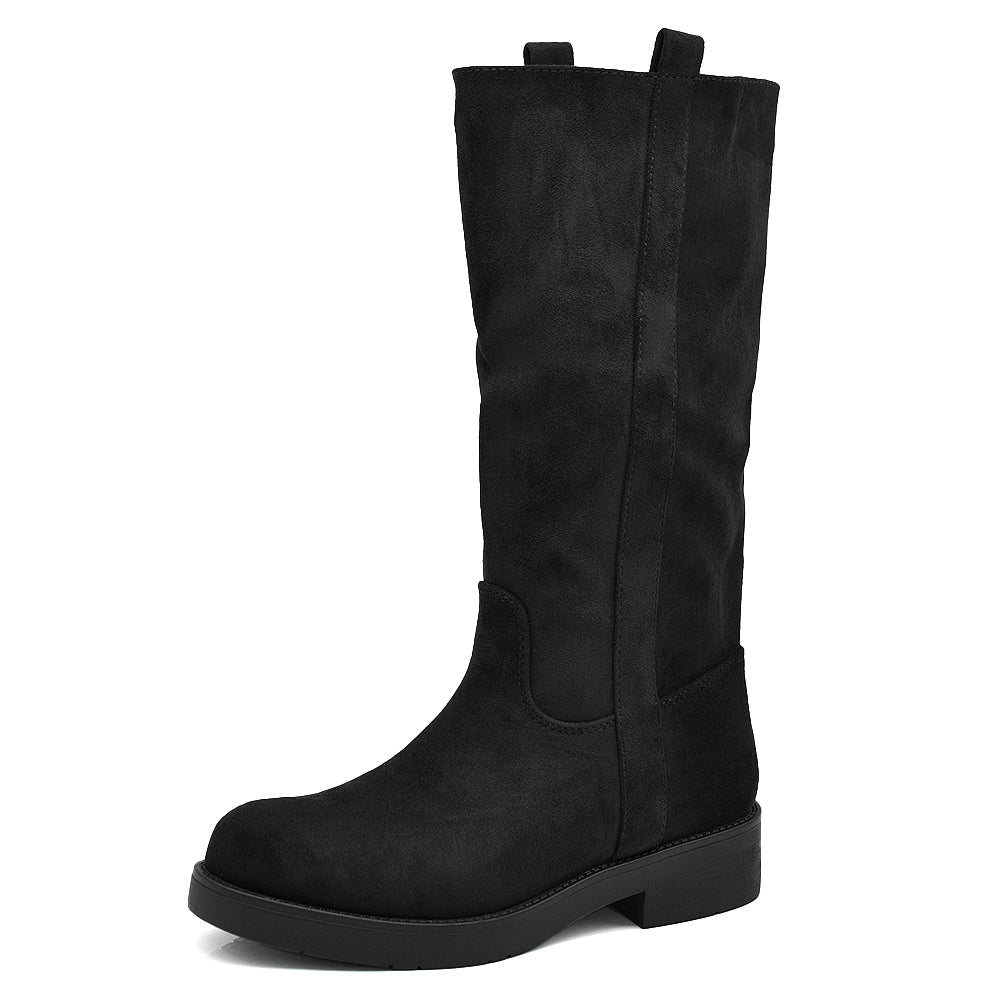 Stivali Biker Donna Alti con Gambale Dritto, Suola Chunky e Tacco Basso – Stivali Moto Casual
