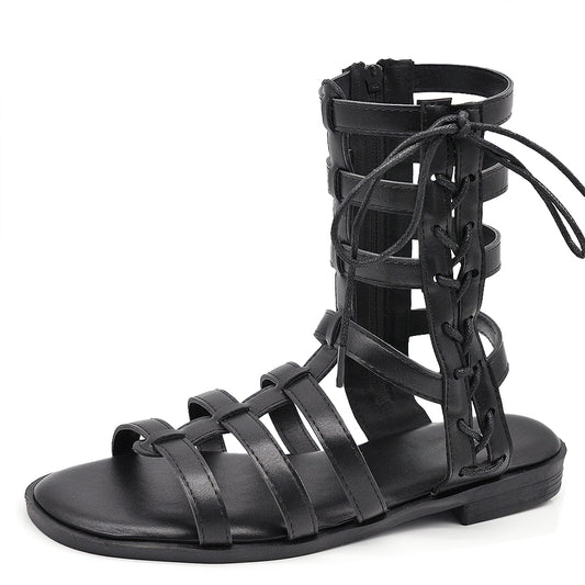 Sandali Gladiatore Bassi Donna alla Schiava con Lacci e Zip, Stivali Estivi