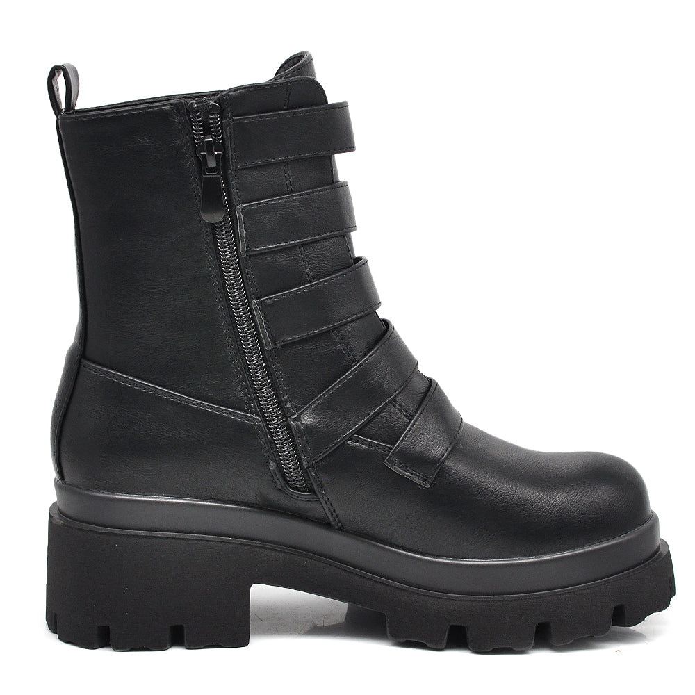 Stivali Stivaletti Platform Donna Anfibi combat boots multi fibbie Platform carrarmato  MP718 nero
