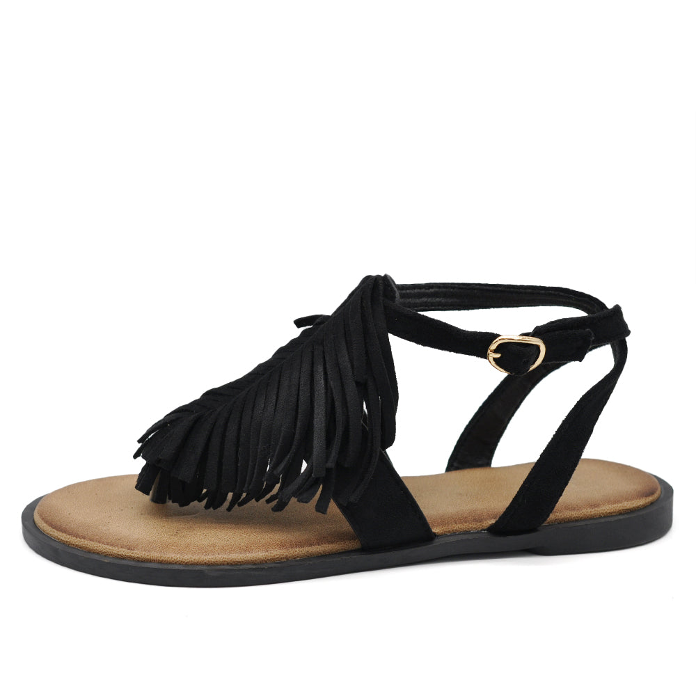 Sandali Infradito Donna Bassi con Frange boho chic, Cinturino alla Caviglia in Camoscio Sintetico