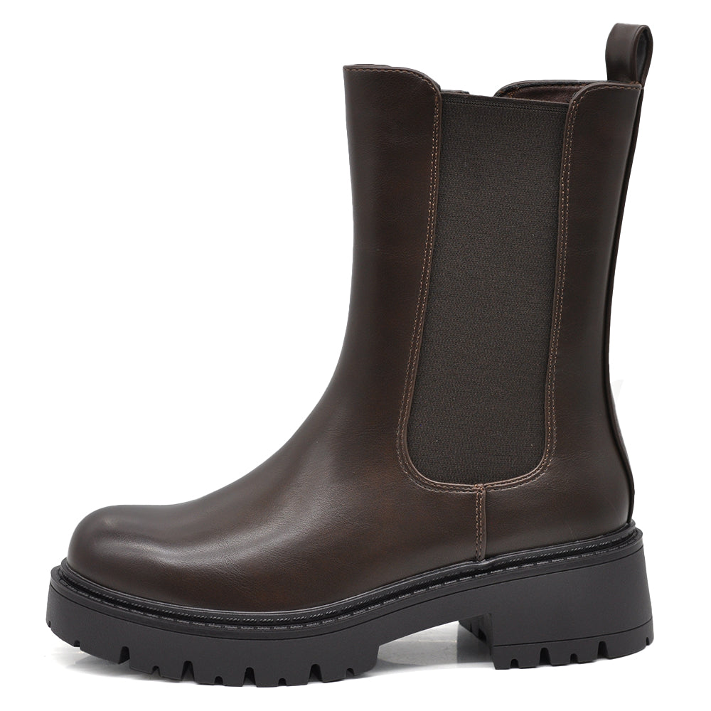 Stivaletti Donna Chelsea con Elastico e Zip Laterale, Suola Carrarmato Spessa, Tacco Largo e Punta Tonda G703