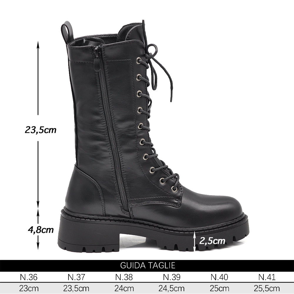 Stivali Anfibi Donna Alti Stringati con Suola Carrarmato e Zip Laterale – Combat Boots Biker