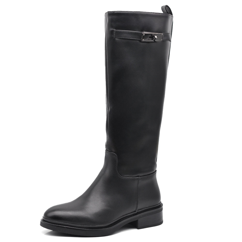 Stivali Alti da Donna Tipo Cavallerizza da Equitazione con Tacco Basso Decorati con Fibbia e Cinghia GA052 nero marrone