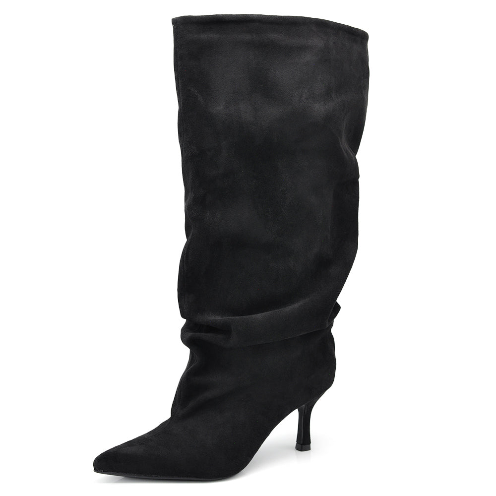 Stivali da Donna con Gambale Extra Largo Arricciato Slouchy a Punta con Tacco Medio