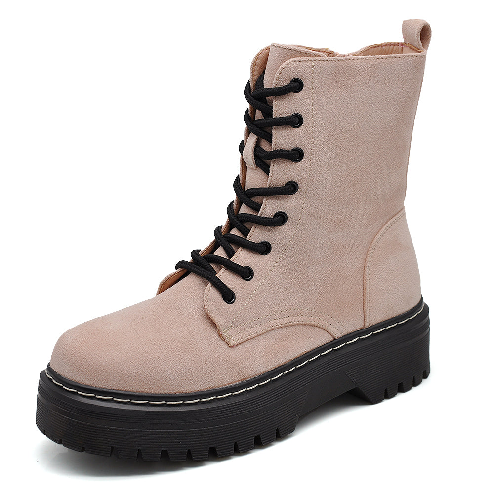 Stivali Anfibi Donna Stringati con Suola Carrarmato e Zip Laterale – Combat Boots Biker GR-6686 pink rosa nude