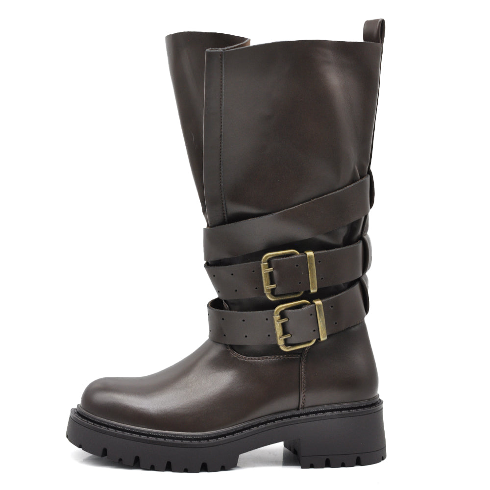 Stivali Biker Donna al Polpaccio con Maxi Linguetta Integrata, Fibbie e Cinturini, Gambale Largo, Suola Platform Carrarmato Stile Motociclista G737