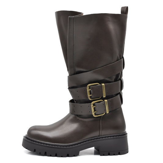 Stivali Biker Donna al Polpaccio con Maxi Linguetta Integrata, Fibbie e Cinturini, Gambale Largo, Suola Platform Carrarmato Stile Motociclista G737