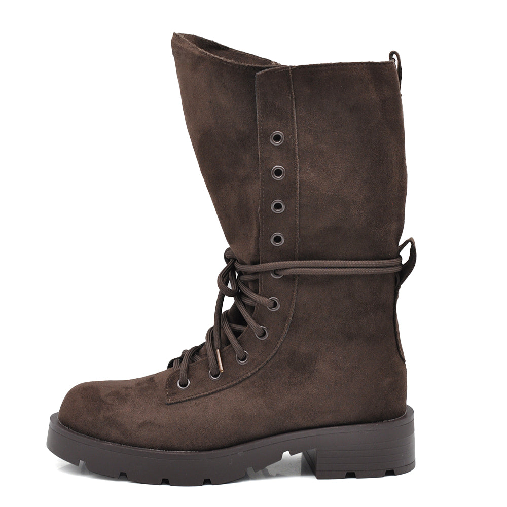 Stivali Donna Anfibi Alti Scamosciati con Lacci, Gambale Morbido e Ampio, Suola Chunky Carrarmato, Stivali Biker Casual 52280