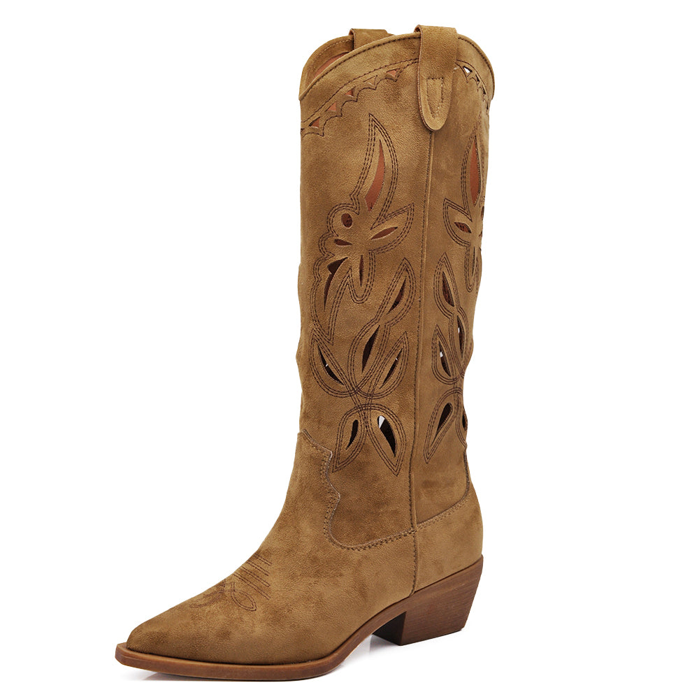 Stivali Alti Primaverili Texani Donna Traforati al Ginocchio – Stivaletti Western con Tacco Basso in gomma