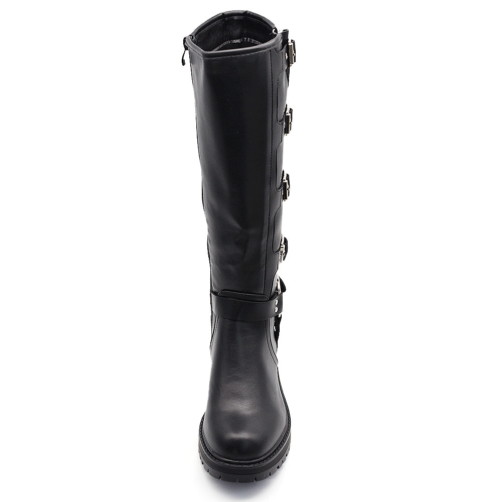 Scarpe Stivali da Donna Al Polpaccio Ginocchio Stile Biker Punk Rock Motociclista con Fibbia Multipla ML287