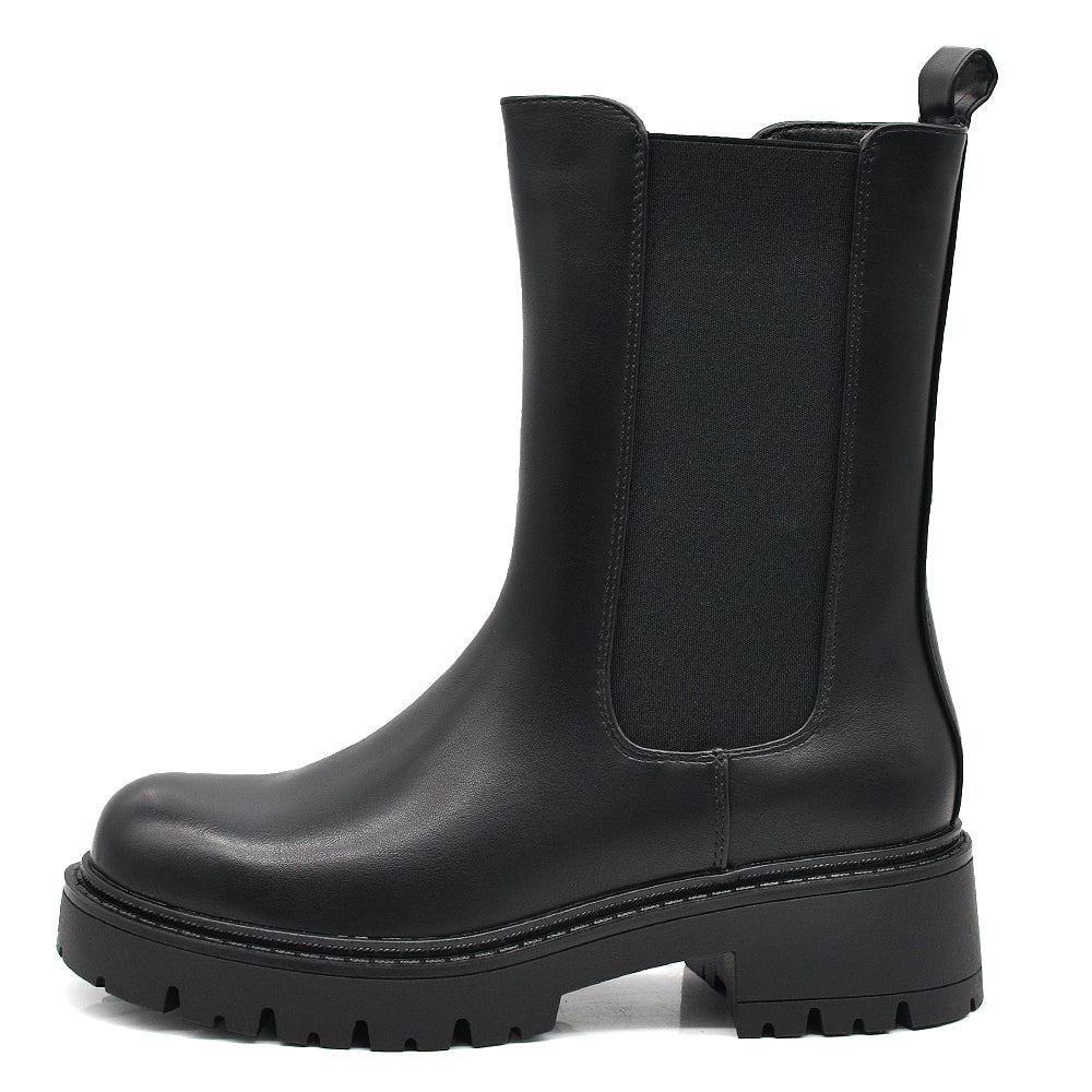 Stivaletti Donna Chelsea con Elastico e Zip Laterale, Suola Carrarmato Spessa, Tacco Largo e Punta Tonda G703