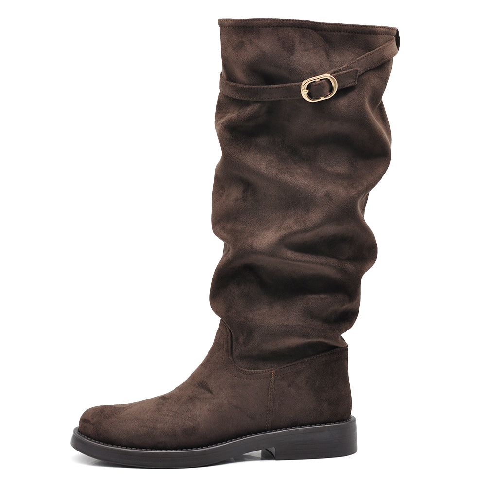 Stivali Alti Donna Morbidi Arricciati in Effetto Scamosciato con Fibbia, Gambale Slouchy e Tacco Basso WG605