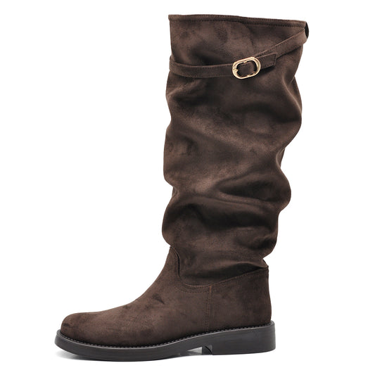 Stivali Alti Donna Morbidi Arricciati in Effetto Scamosciato con Fibbia, Gambale Slouchy e Tacco Basso WG605