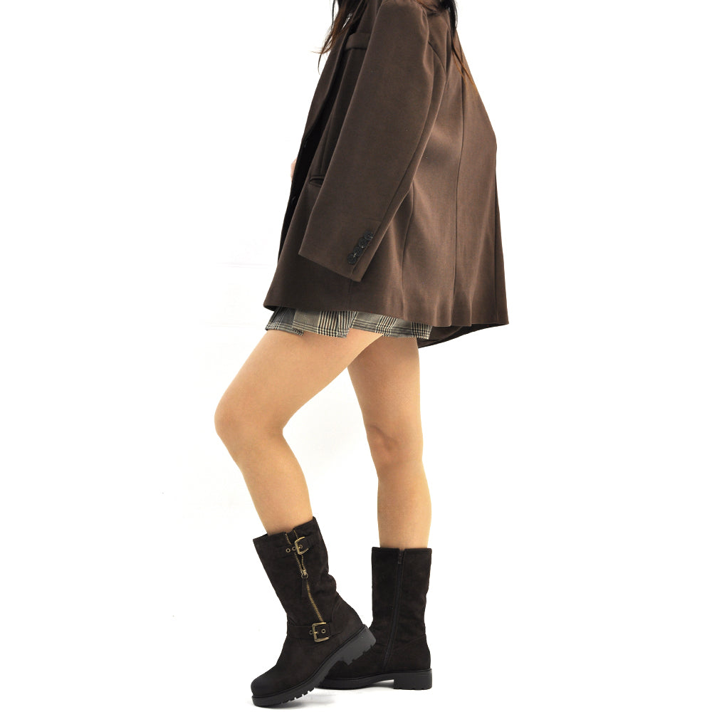 Stivali stivaletti biker moto da donna con fibbie e cerniera suola carrarmato casual in camoscio 9Y6036 nero marrone