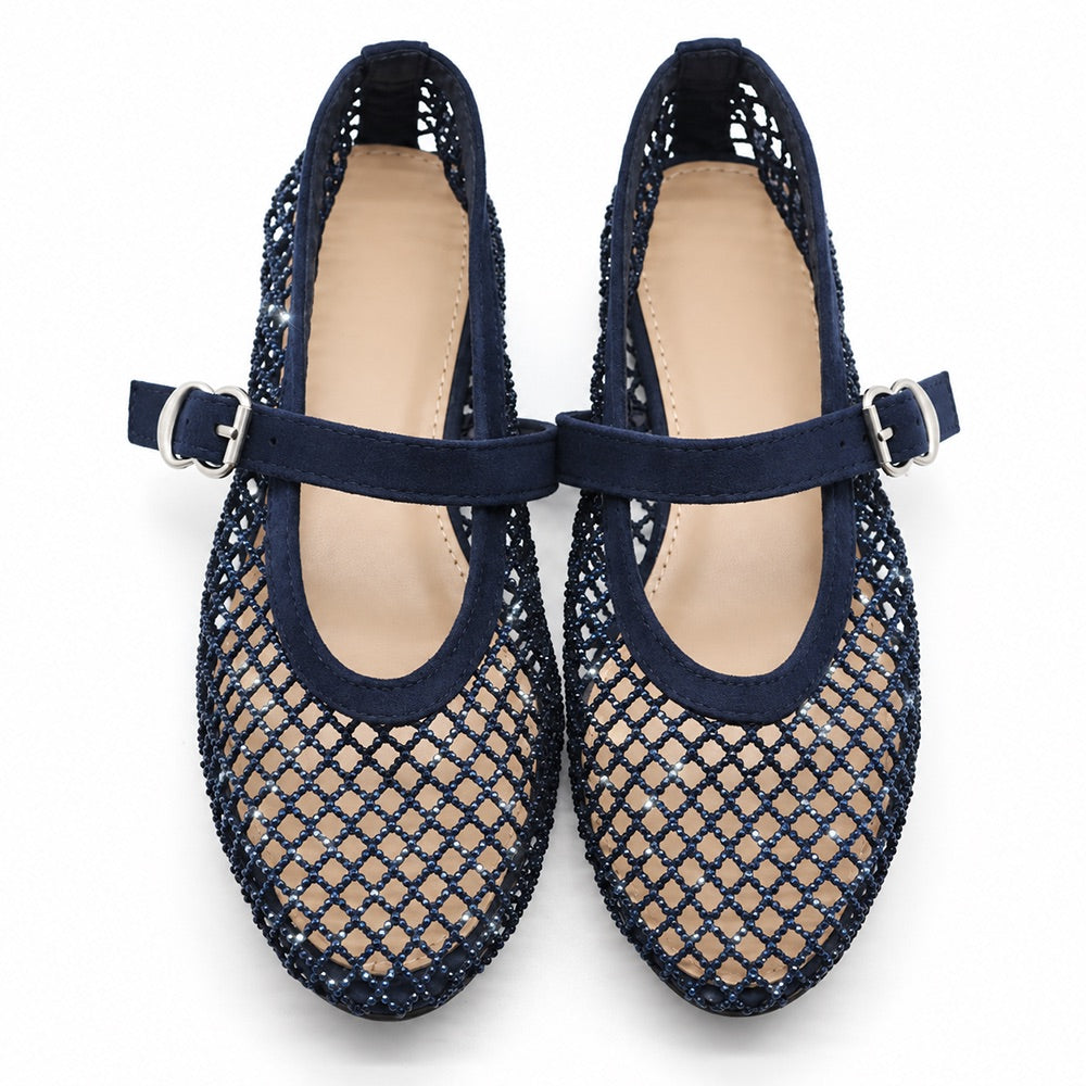Ballerine Donna Mary Jane a Rete con Strass, Scarpe Basse Traforate con Cinturino e Fibbia, Ballerine Gioiello Eleganti