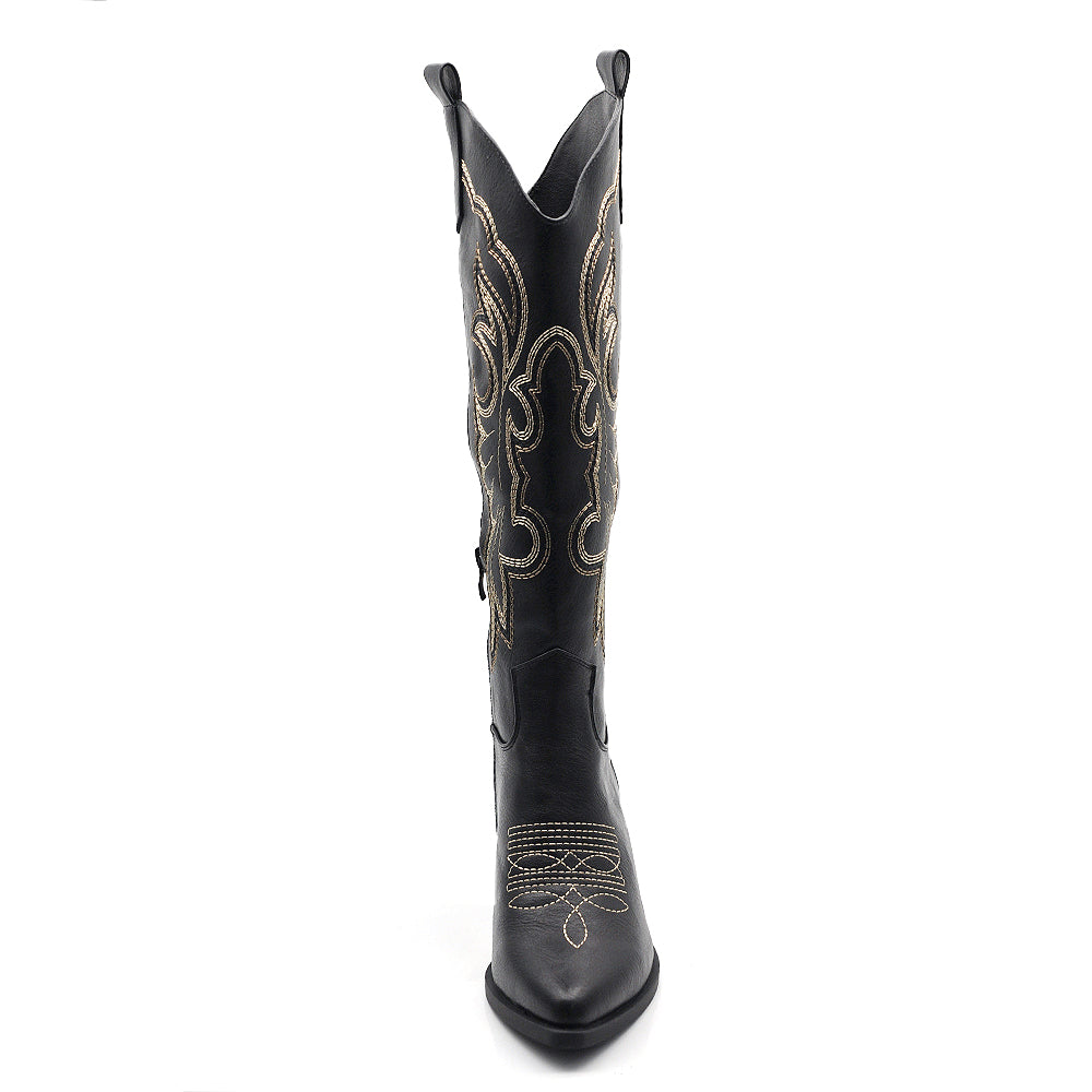 Stivali Texani Donna al Ginocchio Effetto Vintage – Stivali Western Ricamati con Tacco Largo