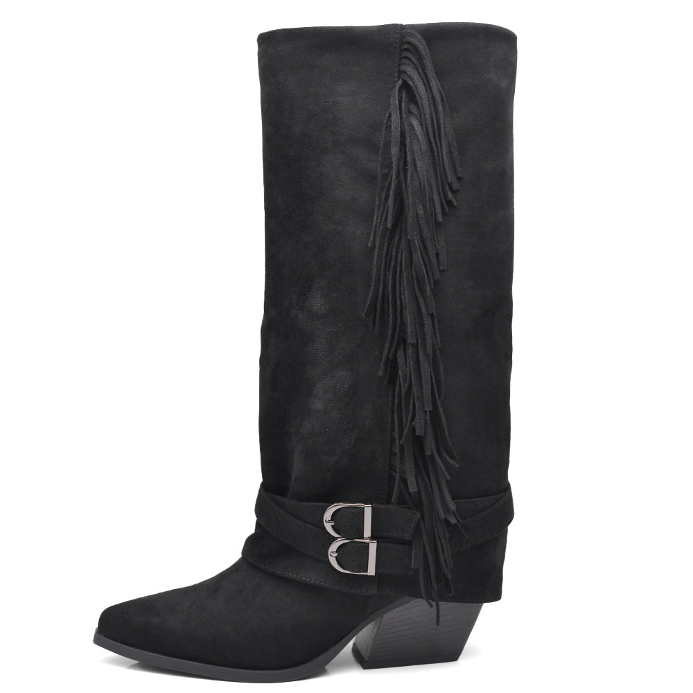 Stivali Texani Cowboy Cowgirl Con Ghetta Frange Camoscio Sintetico Camperos G709 nero marrone khaki