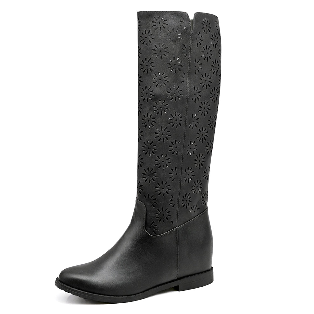 Stivali Alti al Ginocchio Estivi Primaverili Traforati da Donna Zeppa Interna – Stile Casual Chic