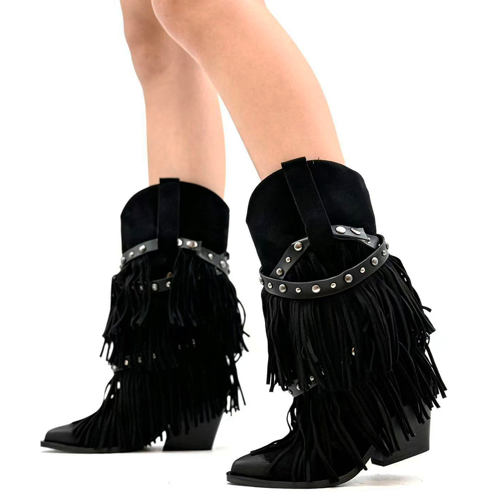 Stivali Texani Donna Western con Borchie e Frange Rimovibili a 3 Strati Tacco Medio nero marrone khaki