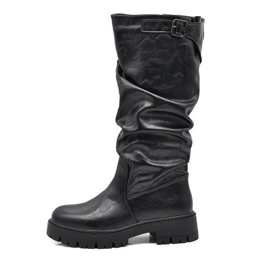 Stivali Donna Biker Slouchy con Suola Spessa Carrarmato – Stivali Alti Arricciati Casual Moda con Platform 6Y2185-23