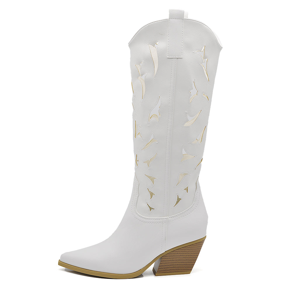 Stivali Alti Primaverili Texani Donna Traforati al Ginocchio – Stivaletti Western con Tacco Medio